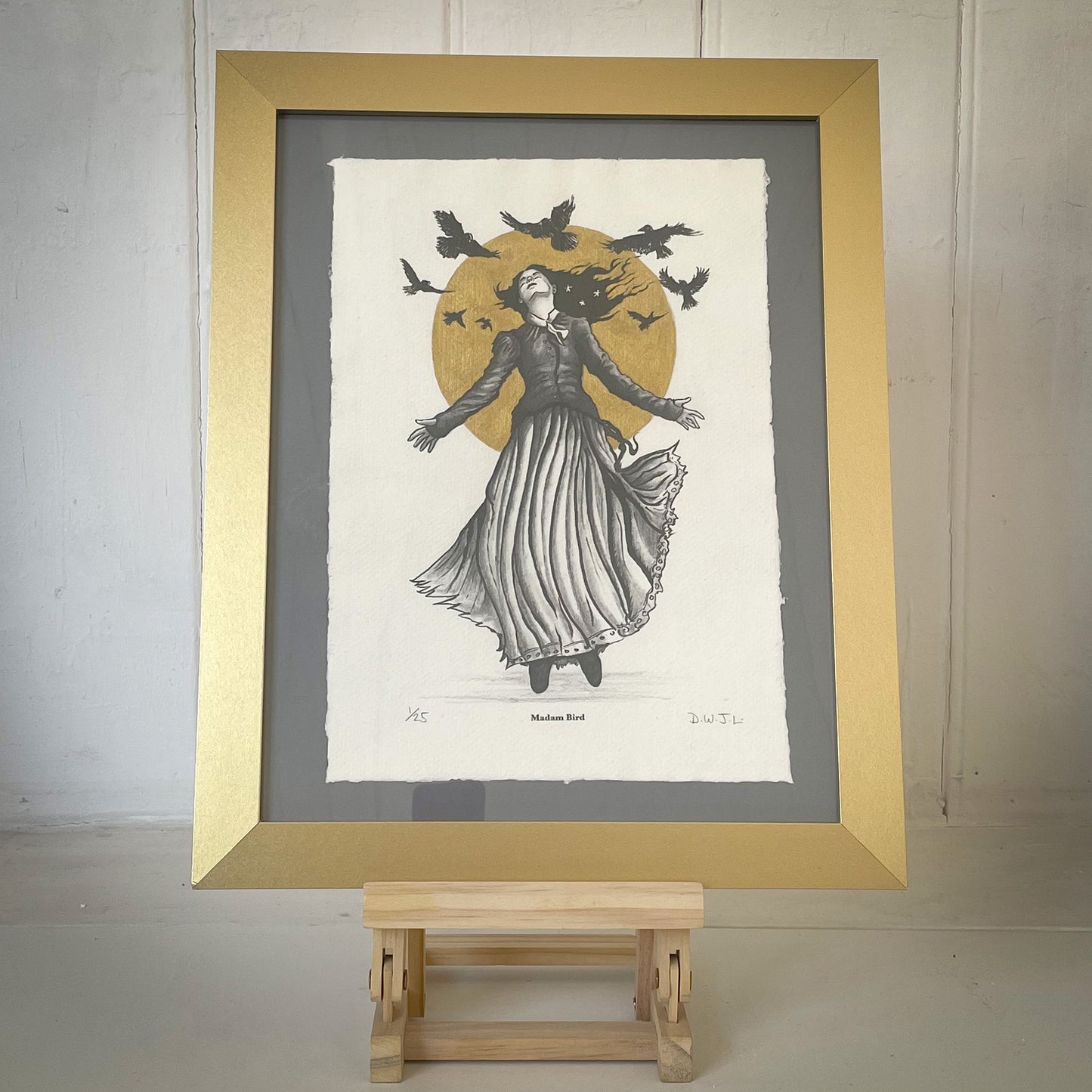 Framed artwork of a woman with birds flying around her on a gray background