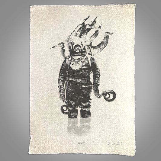 Black and white illustration of a creature with a helmet printed on a textured paper against a gray background
