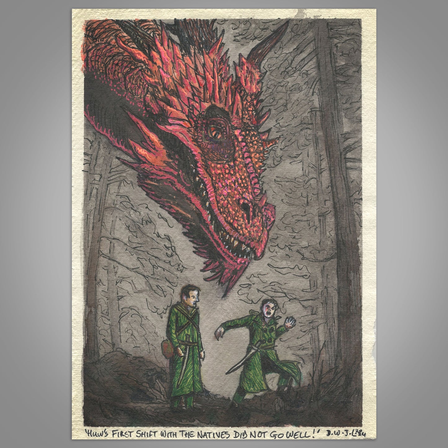 Huw's First Shift With The Natives Did Not Go Well! - Original Mixed Media Framed Art