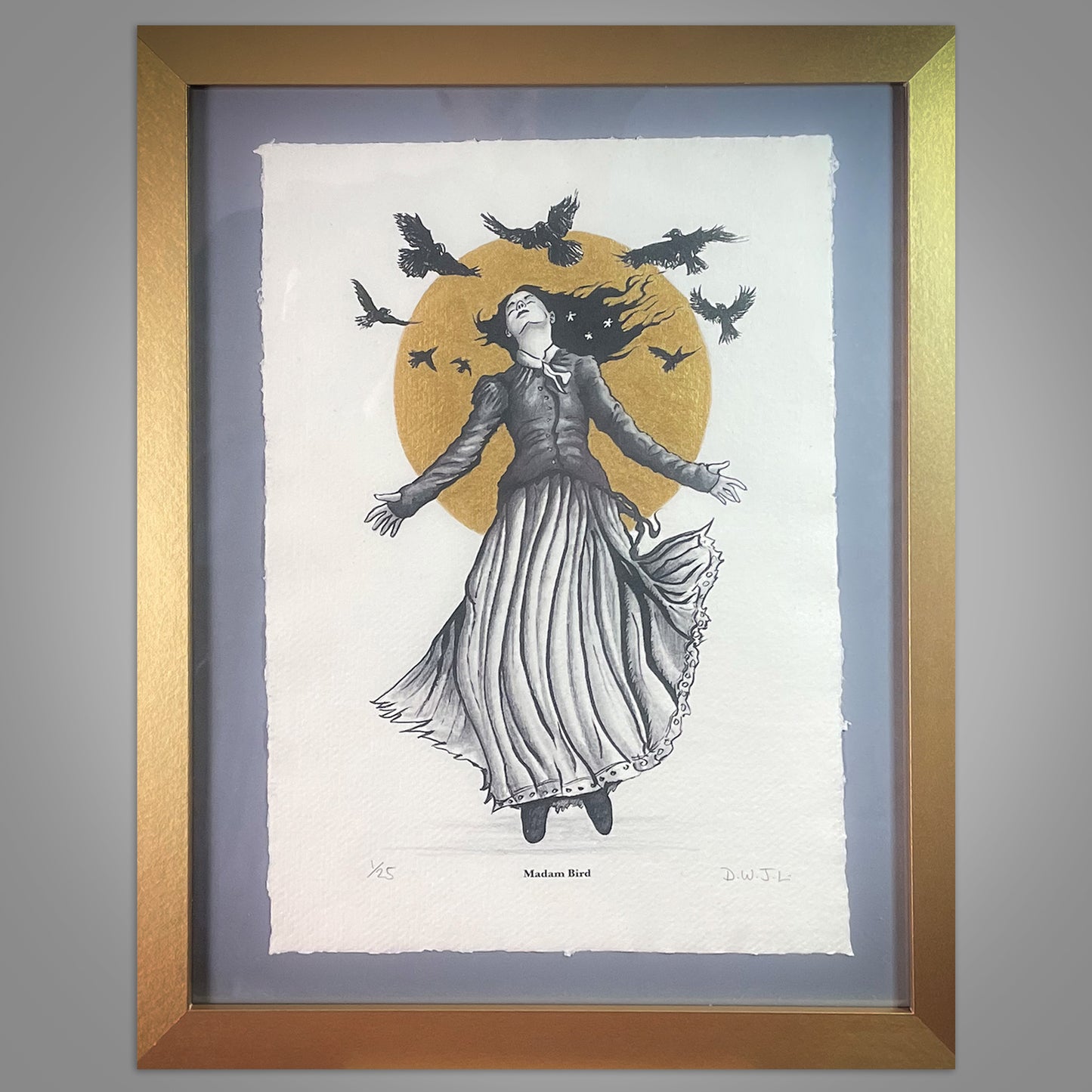 Framed artwork of a woman in a dress with birds flying around her head on a gray background