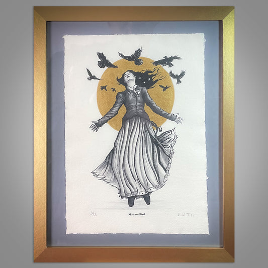 Framed artwork of a woman in a dress with birds flying around her head on a gray background