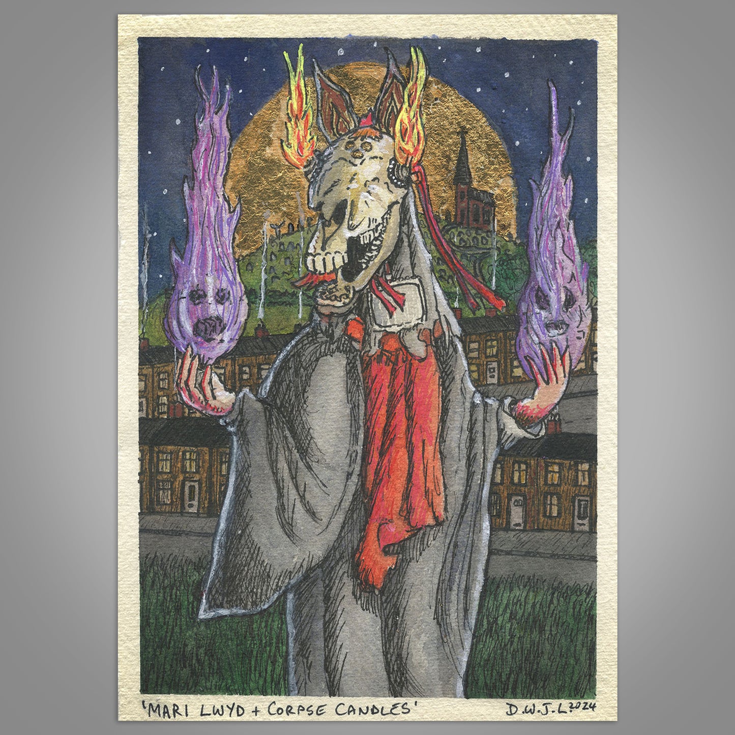 Mari Lwyd And Corpse Candles - Original Mixed Media Framed Art