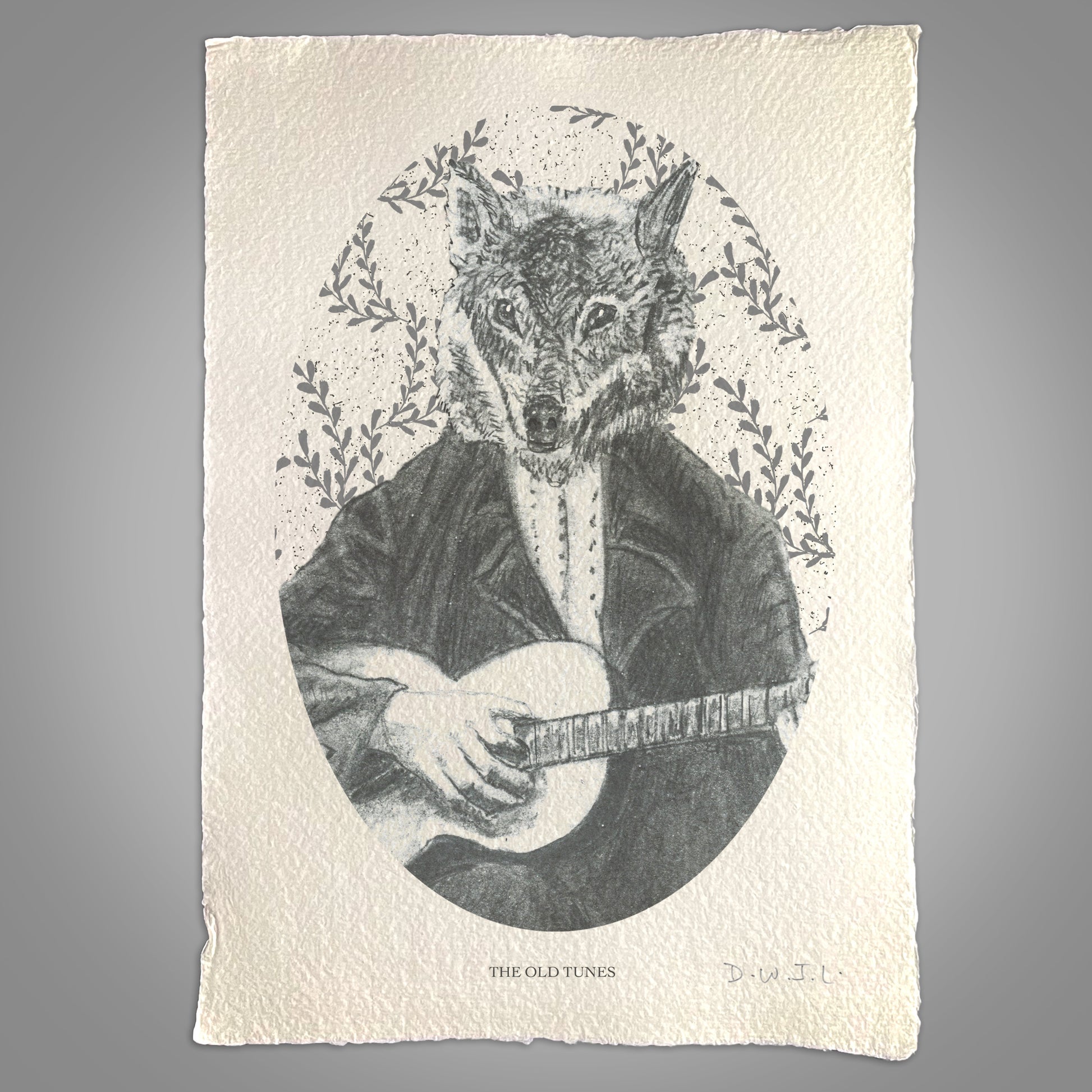 A graphite drawing on textured paper shows a wolf with a human body in a suit playing guitar, framed by leafy branches. This unique wall art echoes vintage elegance. Text below reads The Old Tunes.